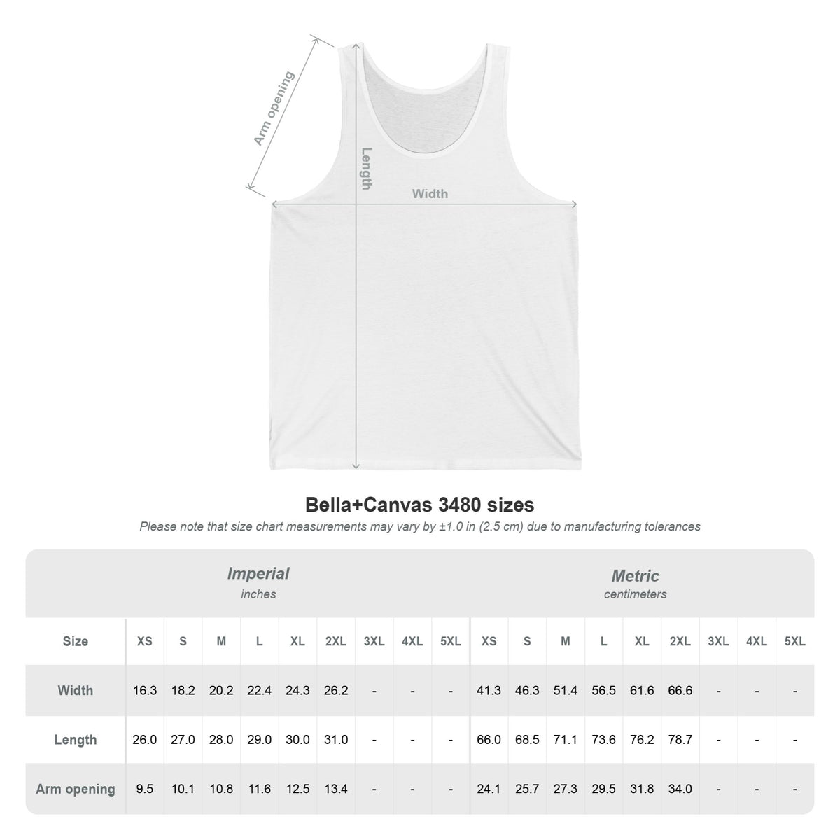 Bella and Canvas 3480 tank top size chart: a line drawing of the garment beside a table of width, length and arm opening in inches and centimetres.