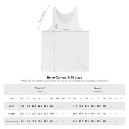 Bella and Canvas 3480 tank top size chart: a line drawing of the garment beside a table of width, length and arm opening in inches and centimetres.