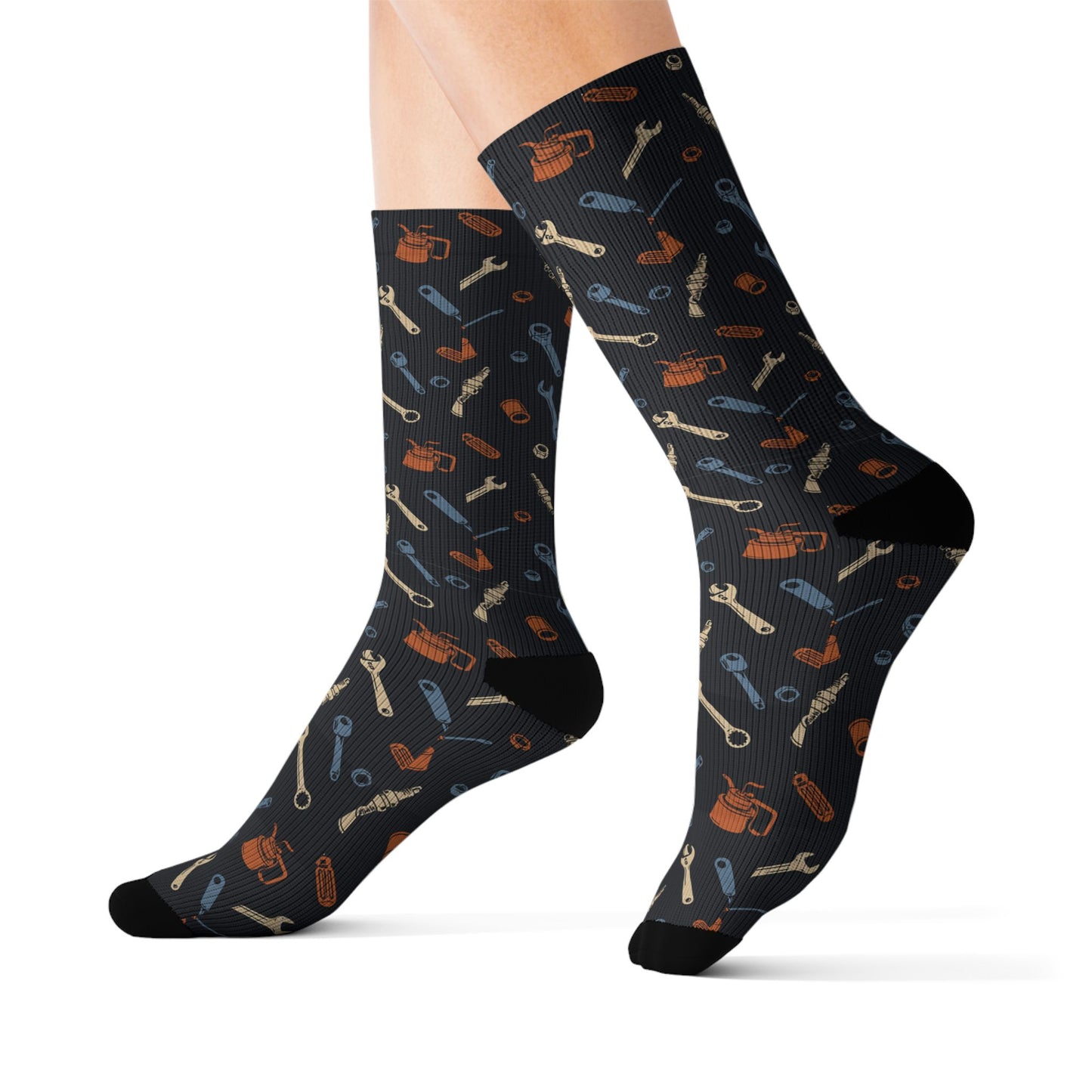 Drippn Ink Garage Tools Crew Socks, Vintage Wrench and Spark Plug Pattern, Mechanic Gift, Classic Truck Garage Style