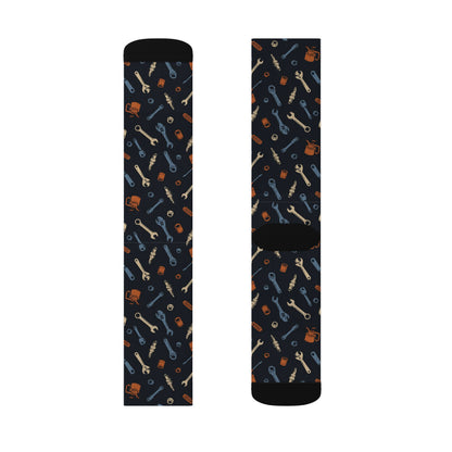 Drippn Ink Garage Tools Crew Socks, Vintage Wrench and Spark Plug Pattern, Mechanic Gift, Classic Truck Garage Style
