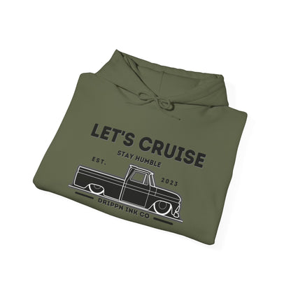 Military green Let's Cruise hooded sweatshirt folded, chest print visible
