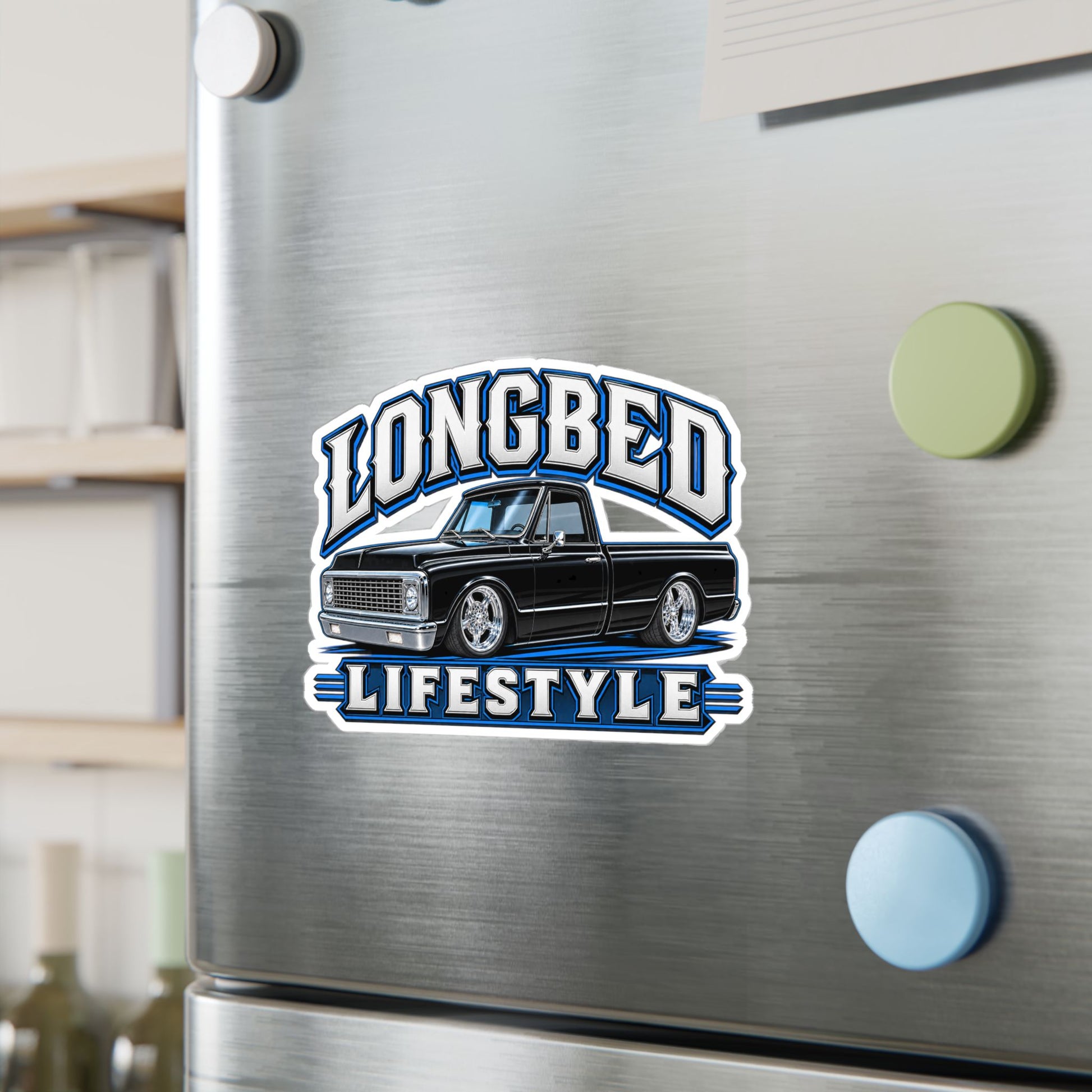 Chevy C10 longbed sticker showing a slammed 1970s truck in black with chrome trim on polished five spoke wheels, kiss-cut vinyl decal by Drippn Ink