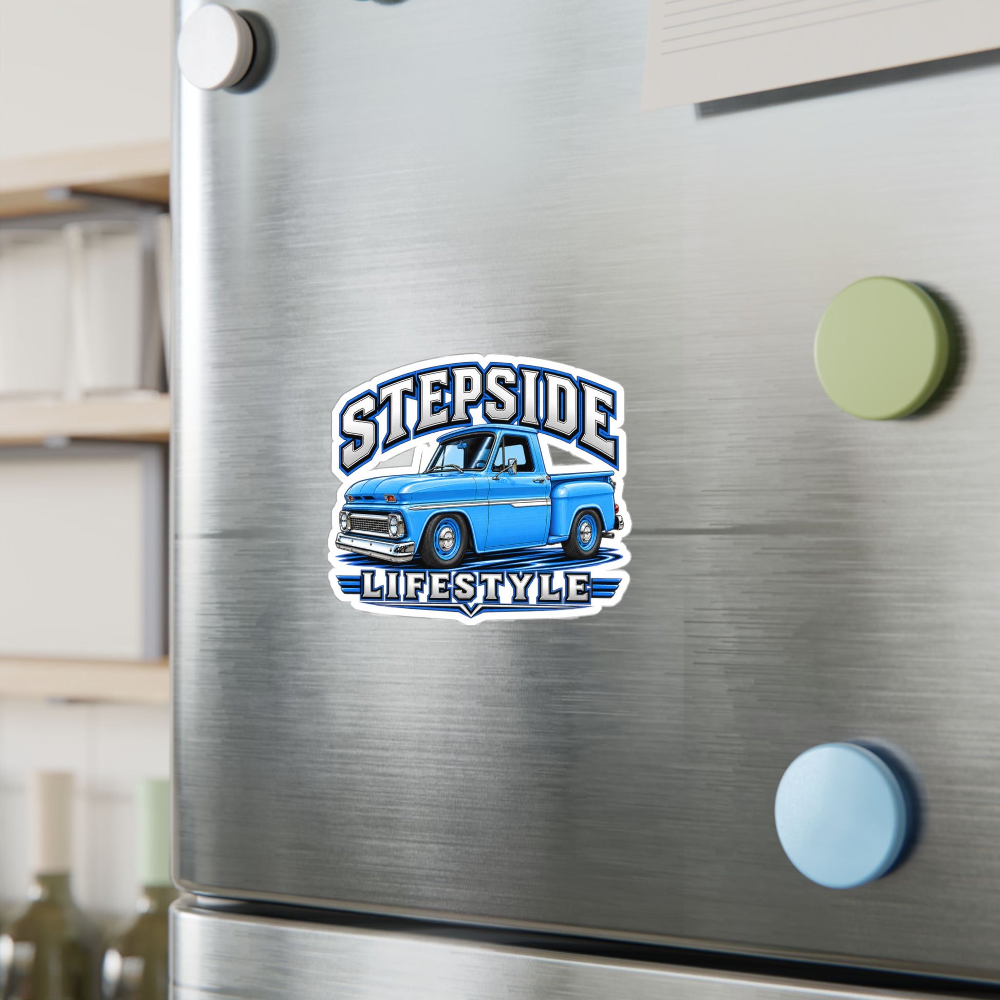 Chevy C10 stepside sticker showing a slammed 1960s truck in bright blue with chrome bumpers and blue steel wheels, kiss-cut vinyl decal by Drippn Ink