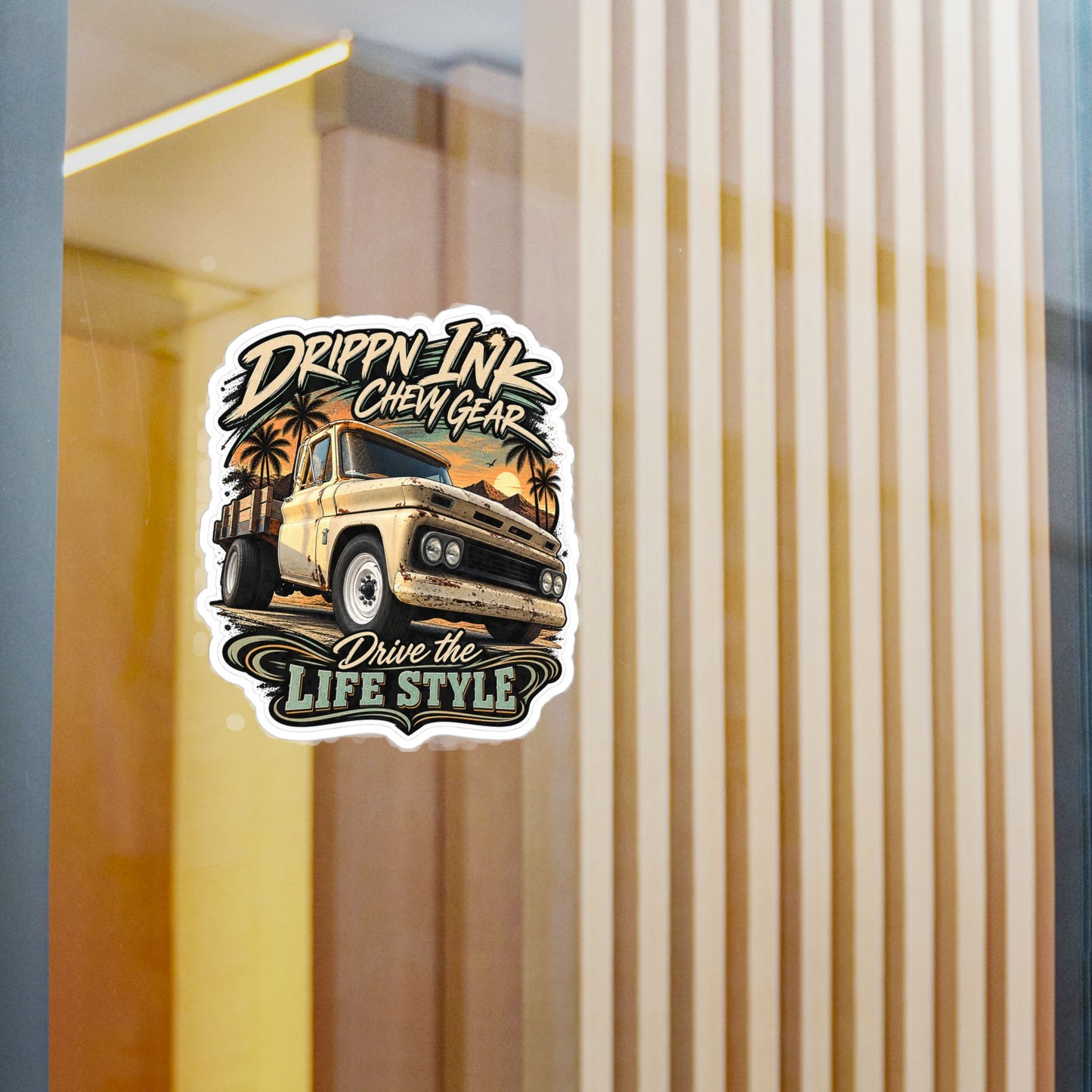 Chevy C20 dually flatbed sticker showing a 1964 truck with wooden stake sides and rust against an Arizona desert sunset with palms, kiss-cut vinyl decal by Drippn Ink