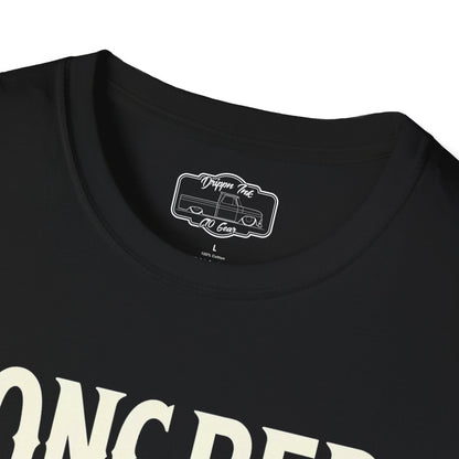 Close view of the shirt's inside neck label, a printed Drippn Ink C10 Gear badge, with part of the Longbed print below it.