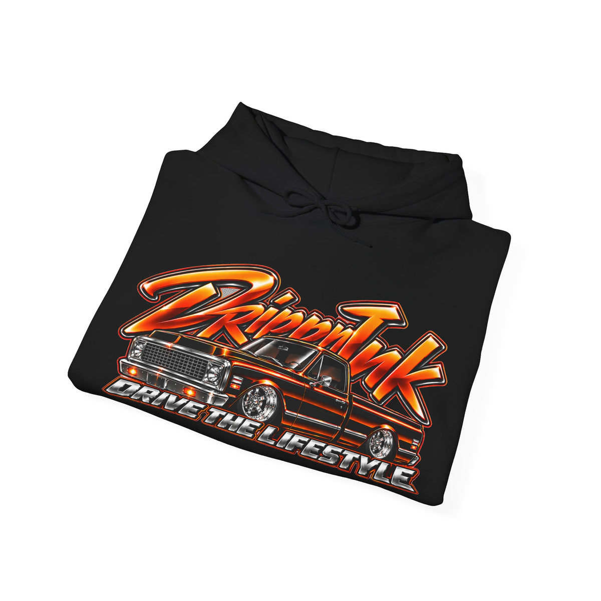 Black Drive the Lifestyle hoodie folded to show the Chevy C10 chest graphic up close