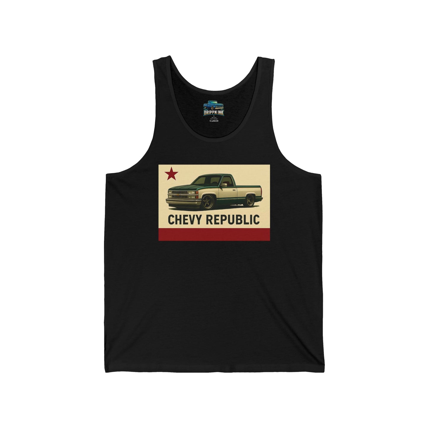 Black tank top featuring a California Republic–inspired design with a slammed OBS Chevy truck and “CHEVY REPUBLIC” text by Drippn Ink.