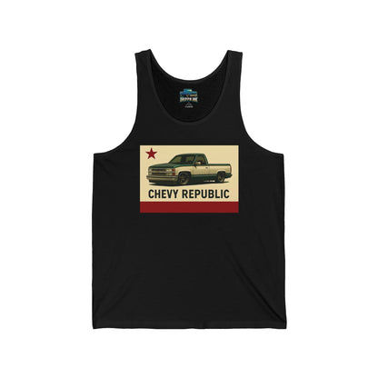 Black tank top featuring a California Republic–inspired design with a slammed OBS Chevy truck and “CHEVY REPUBLIC” text by Drippn Ink.