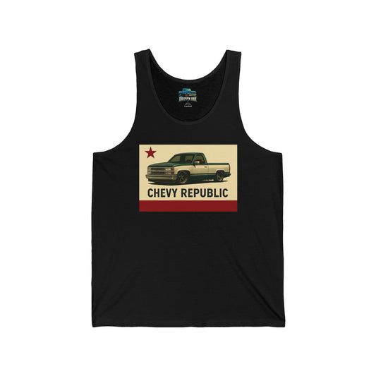 Black tank top featuring a California Republic–inspired design with a slammed OBS Chevy truck and “CHEVY REPUBLIC” text by Drippn Ink.