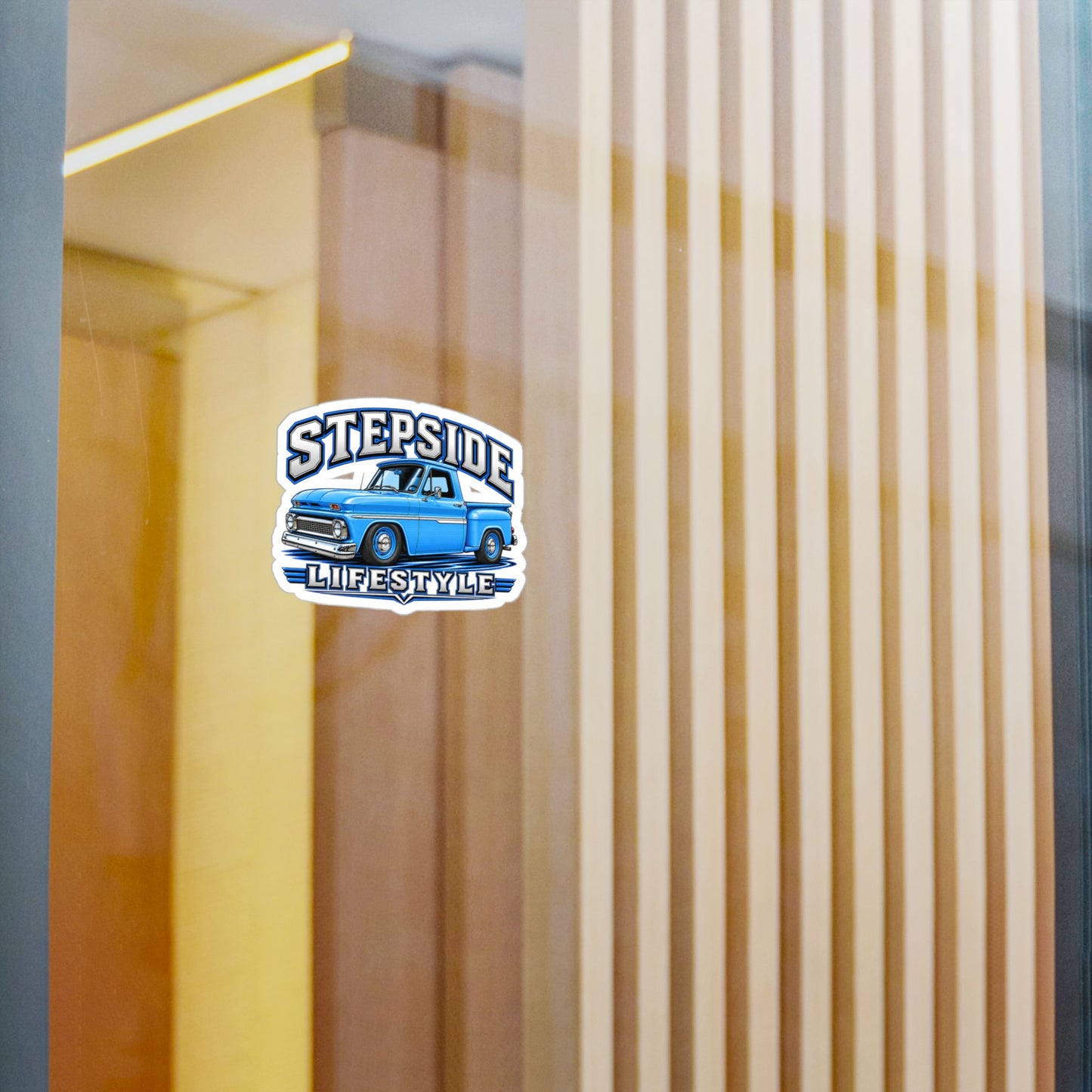 Chevy C10 stepside sticker showing a slammed 1960s truck in bright blue with chrome bumpers and blue steel wheels, kiss-cut vinyl decal by Drippn Ink