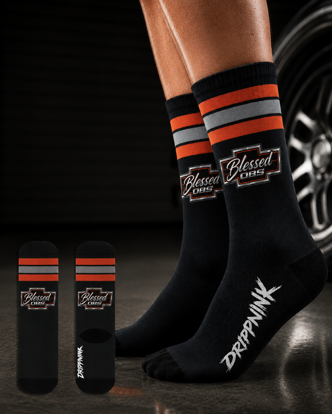 DrippnInk Blessed OBS crew socks showcasing classic Chevy truck lifestyle graphics and striped performance design.