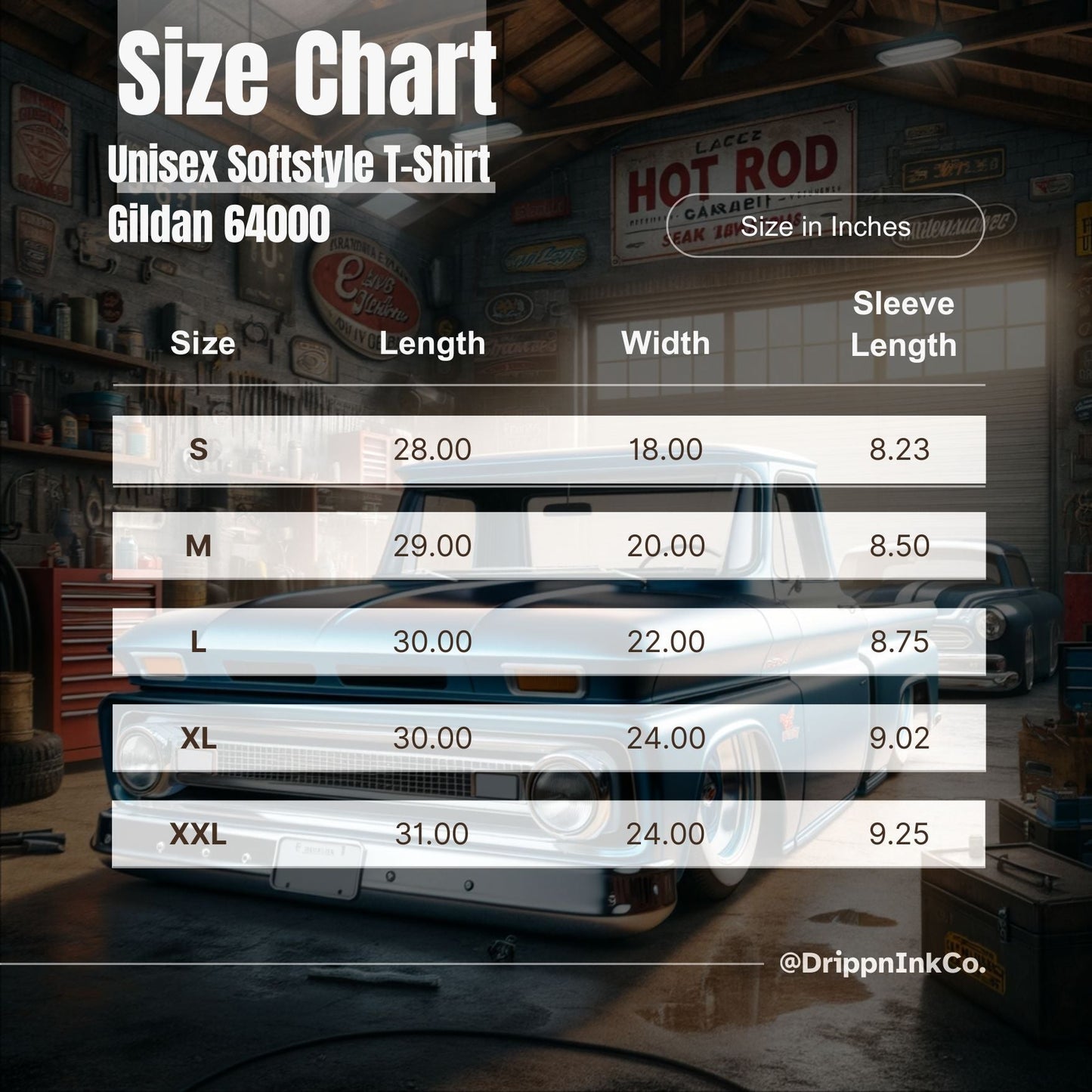 Gildan Softstyle 64000 size chart, measurements in inches