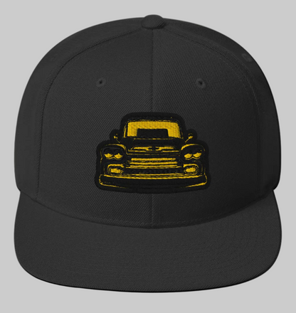 DrippnInk Chevy snapback hat featuring  a 59 chevy Apache black and yellow graphic on front