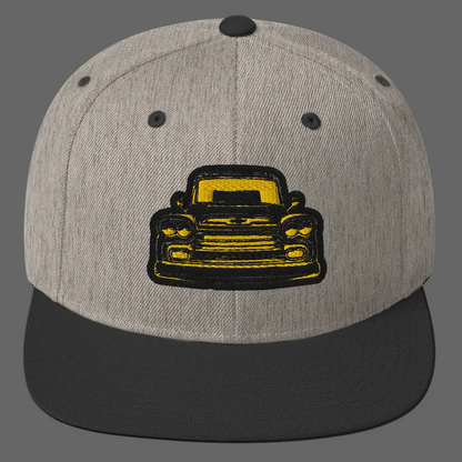 DrippnInk Chevy snapback hat featuring  a 59 chevy Apache black and yellow graphic on front